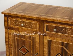 Handcrafted sideboard made of solid wood and richly inlaid in walnut and olive wood in neo-classical style
